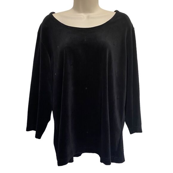 Quacker Factory Black Sequin Velour 3/4 Sleeve Knit Top Sz XL NWT - Picture 1 of 13